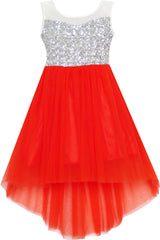 Girls Dress Sequin Mesh Party Wedding Princess Tulle Red Size 7-14 Years
