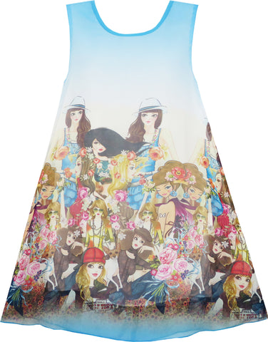 Girls Dress Tank Modern People Figure Print Blue Size 7-14 Years