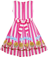 Girls Dress Striped Cookie Print Bow Tie Lace Trim Pink Size 4-10 Years