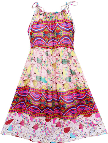 Girls Dress Halter Green Leaves Dandelion Sleeveless Size 7-14 Years