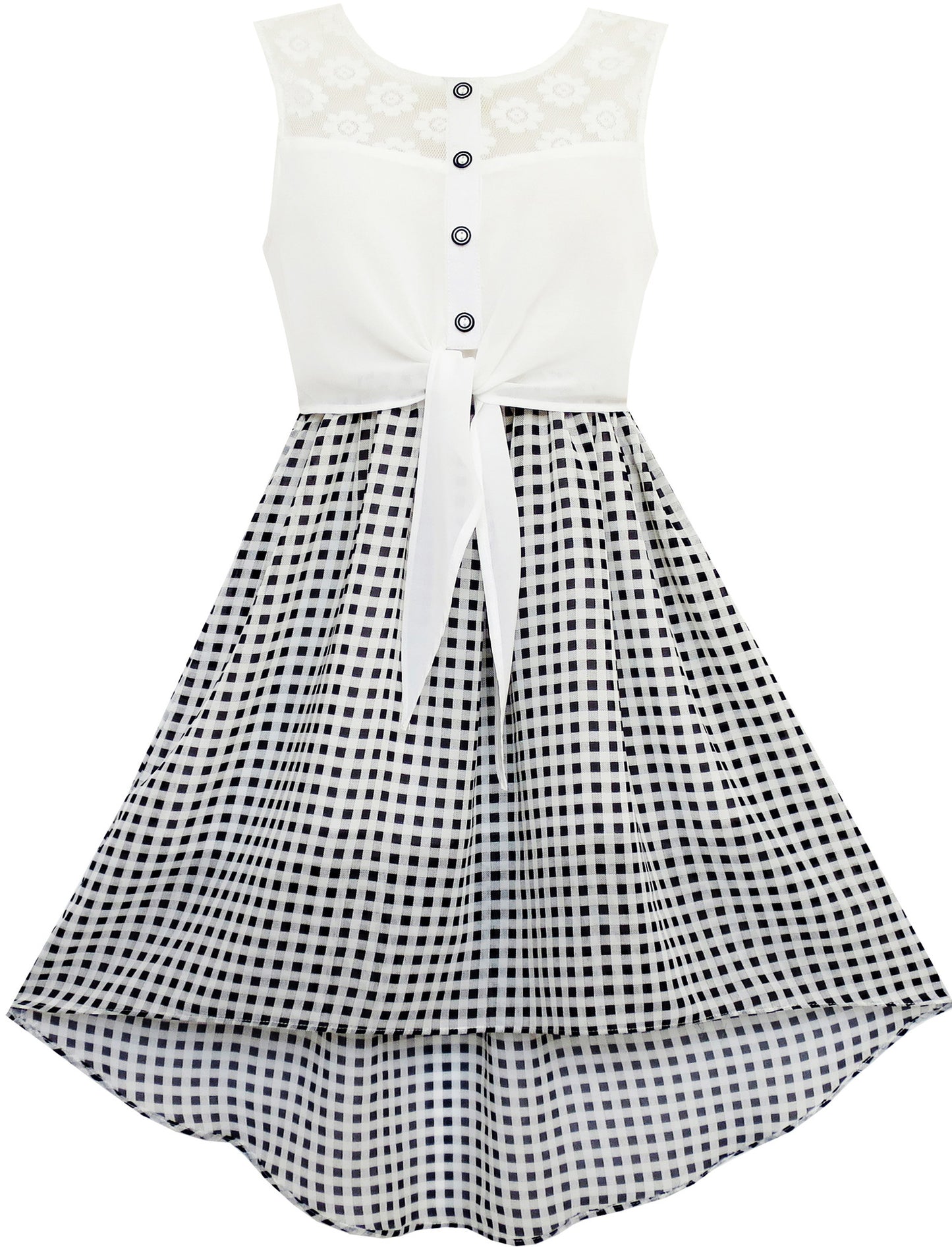 Girls Dress Lace To Chiffon Checkered Black White Tied Waist Size 7-14 Years