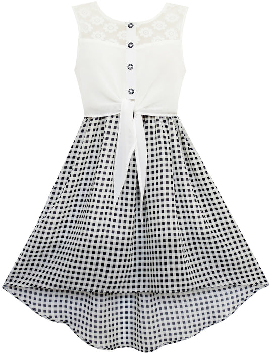 Girls Dress Lace To Chiffon Checkered Black White Tied Waist Size 7-14 Years