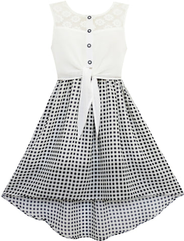 Girls Dress Lace To Chiffon Checkered Black White Tied Waist Size 7-14 Years