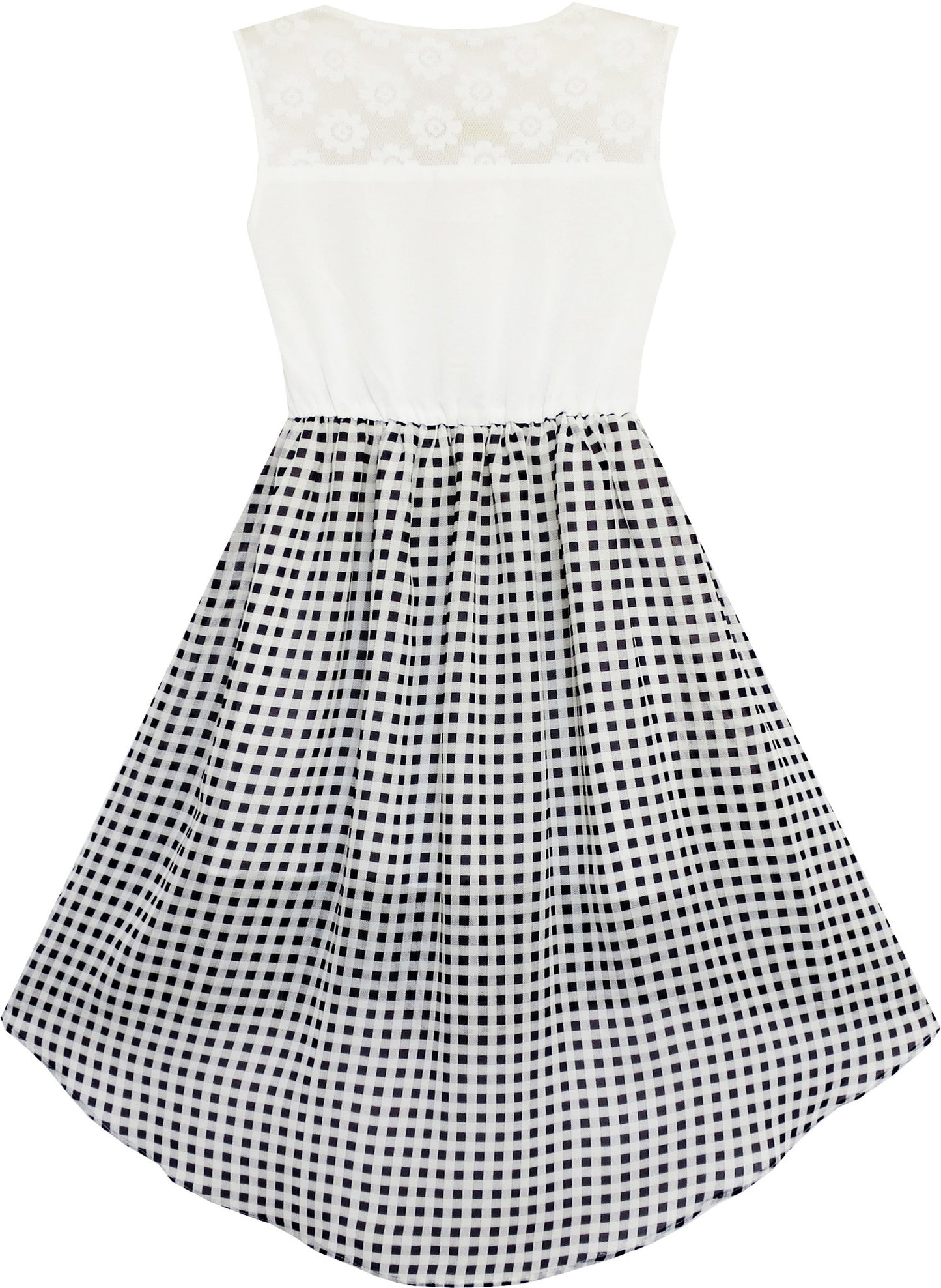 Girls Dress Lace To Chiffon Checkered Black White Tied Waist Size 7-14 Years