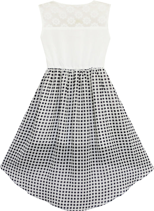 Girls Dress Lace To Chiffon Checkered Black White Tied Waist Size 7-14 Years