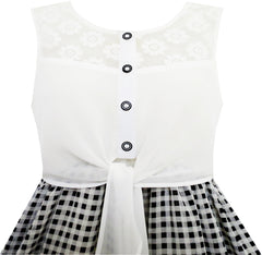 Girls Dress Lace To Chiffon Checkered Black White Tied Waist Size 7-14 Years