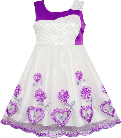 Girls Dress Lace Embroidered Flower Heart Tulle Wedding Purple Size 4-10 Years