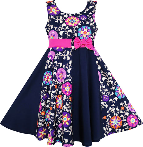 Girls Dress Asymmetric Flower Bow Tie Sleeveless Dark Blue Size 7-14 Years