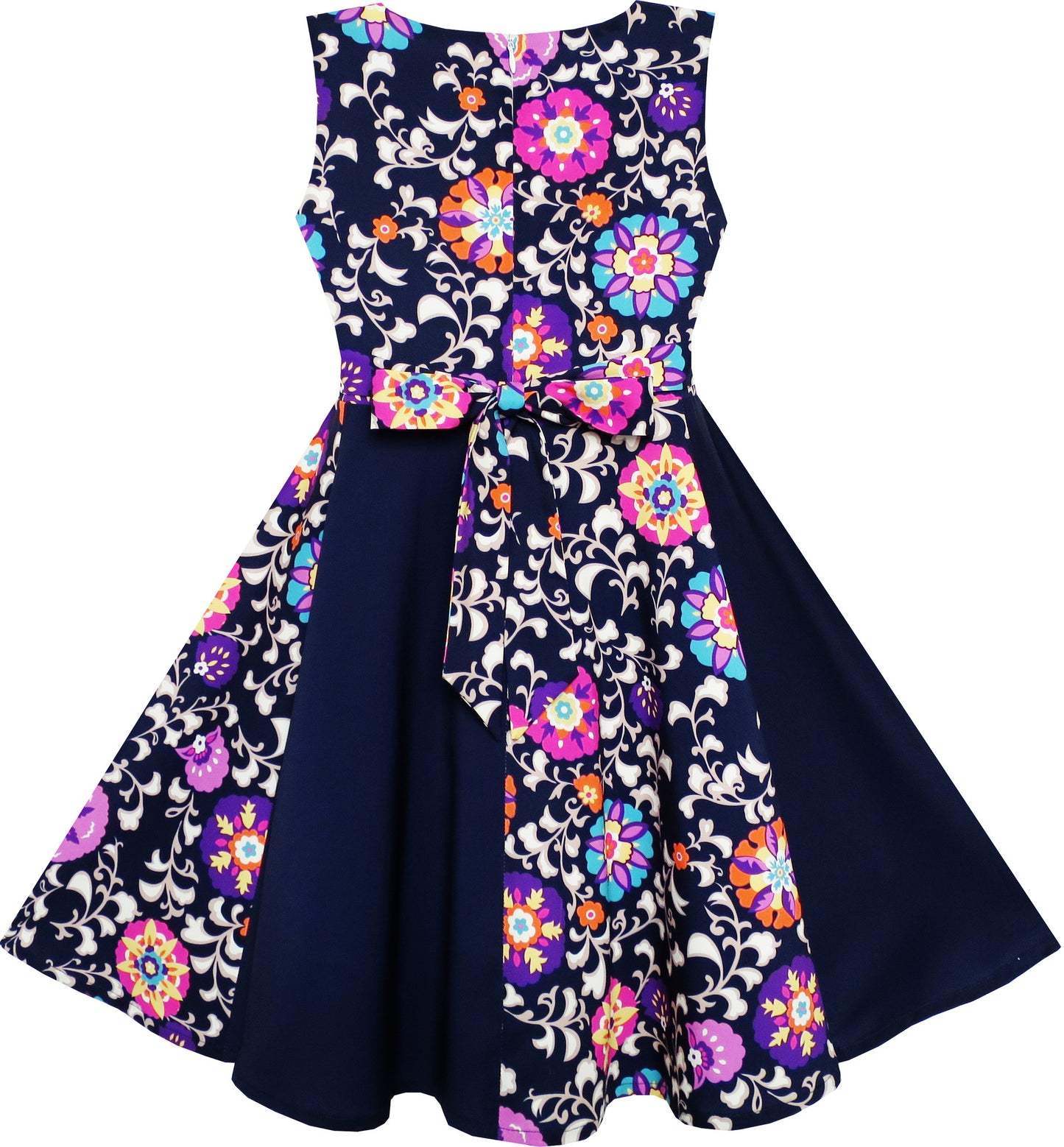 Girls Dress Asymmetric Flower Bow Tie Sleeveless Dark Blue Size 7-14 Years