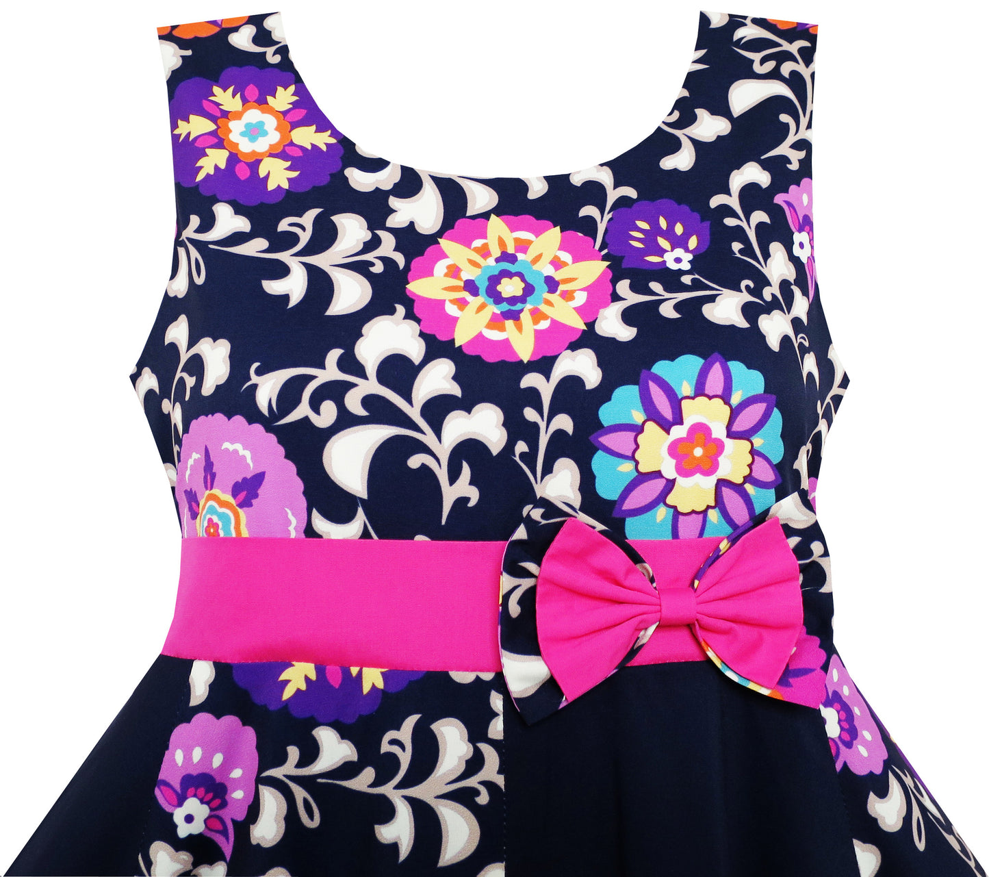 Girls Dress Asymmetric Flower Bow Tie Sleeveless Dark Blue Size 7-14 Years