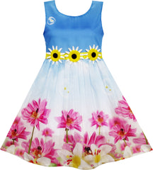 Girls Dress Sunflower Bubble Lily Flower Garden Print Blue Size 4-12 Years