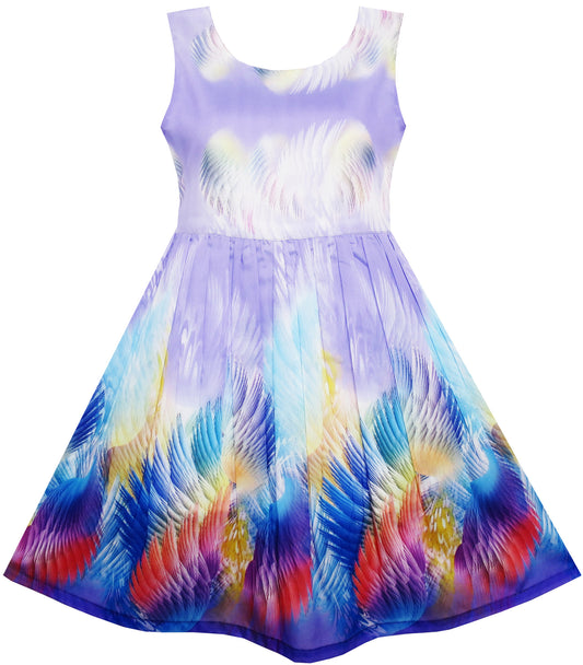 Girls Dress Sky Fantasy Colorful Angel Wings Feather Print Size 4-14 Years