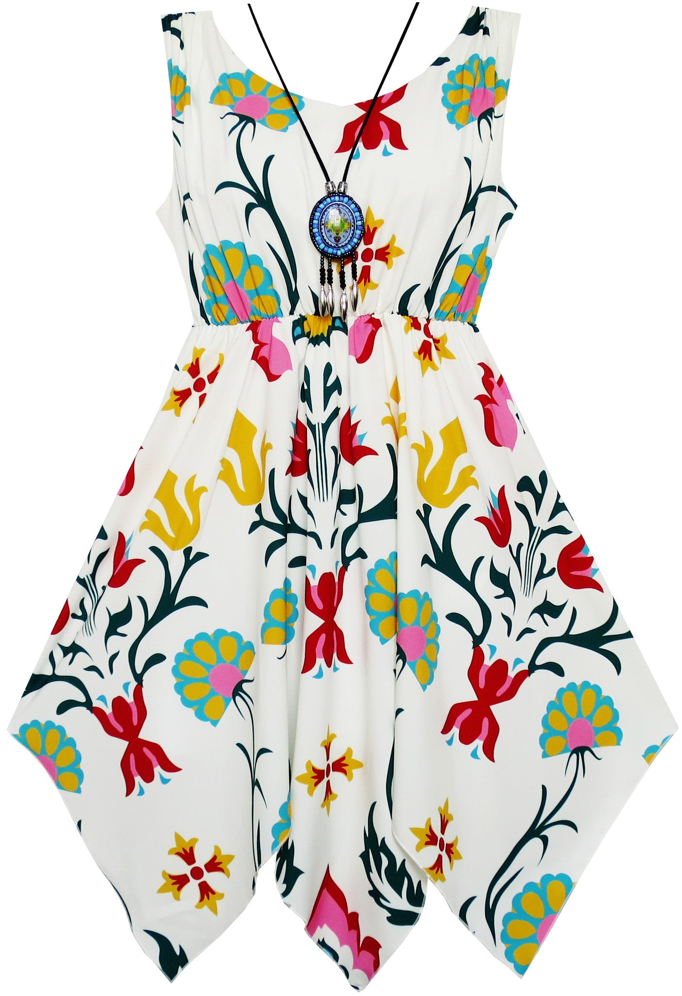 Girls Dress Flower Print Hanky Hem With Necklace Size 6-14 Years