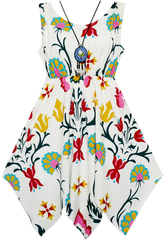 Girls Dress Flower Print Hanky Hem With Necklace Size 6-14 Years