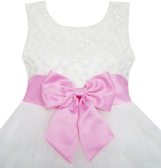 Girls Dress Pink Bow Tie Wedding Lace Tulle Overlay Layered Size 3-6 Years