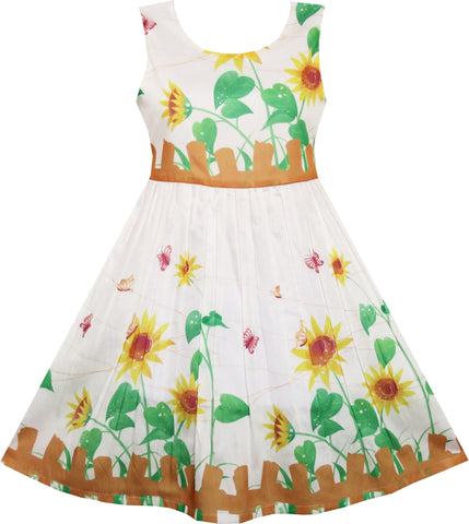 Girls Dress Butterfly Sunflower Garden Fence Print Size 4-12 Years