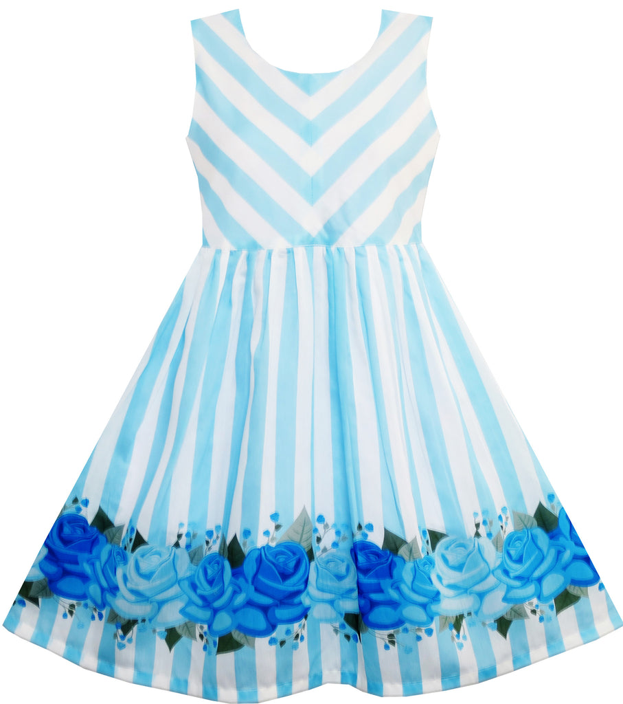 Girls Dress Striped Rose Print Tulle Blue Size 7-14 Years