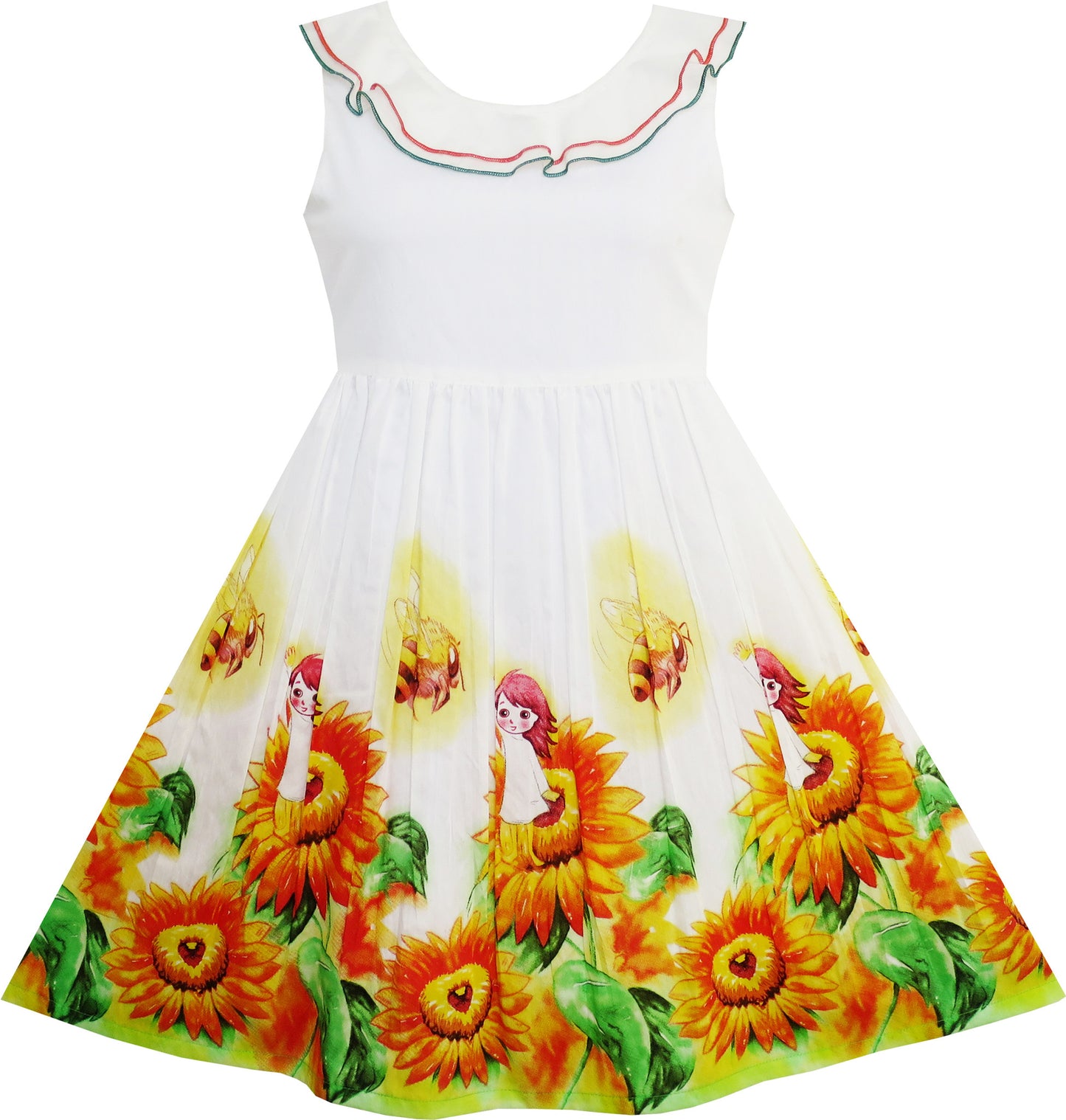Girls Dress Sunflower Garden Turn-Down Collar Sleeveless Size 4-12 Years