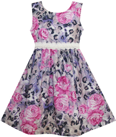 Girls Dress Purple Rose Flower Print Lace Waist Sleeveless Size 3-10 Years