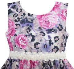 Girls Dress Purple Rose Flower Print Lace Waist Sleeveless Size 3-10 Years