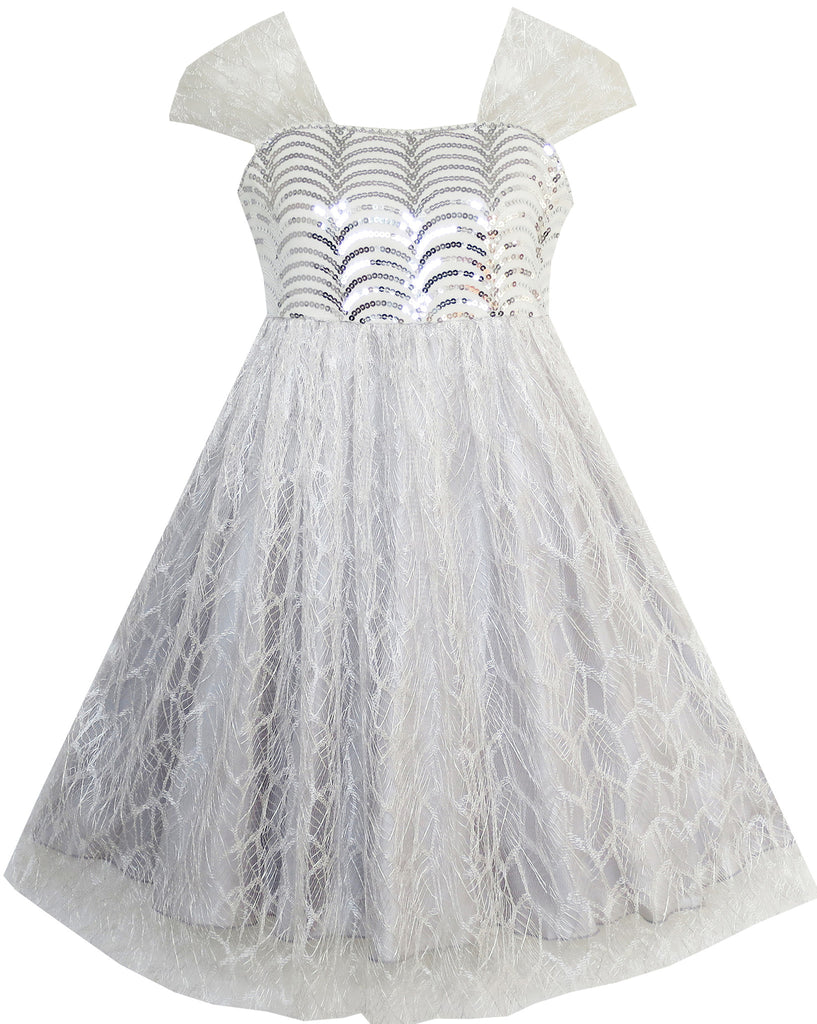 Girls Dress Sequin Mesh Party Wedding Tulle Silver Gray Size 7-14 Years
