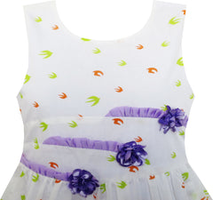 Girls Dress Sleeveless Tree Bird Flying Print Flower Decoration Size 4-12 Years