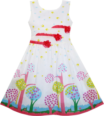 Girls Dress Sleeveless Tree Bird Flying Print Flower Red Size 4-12 Years