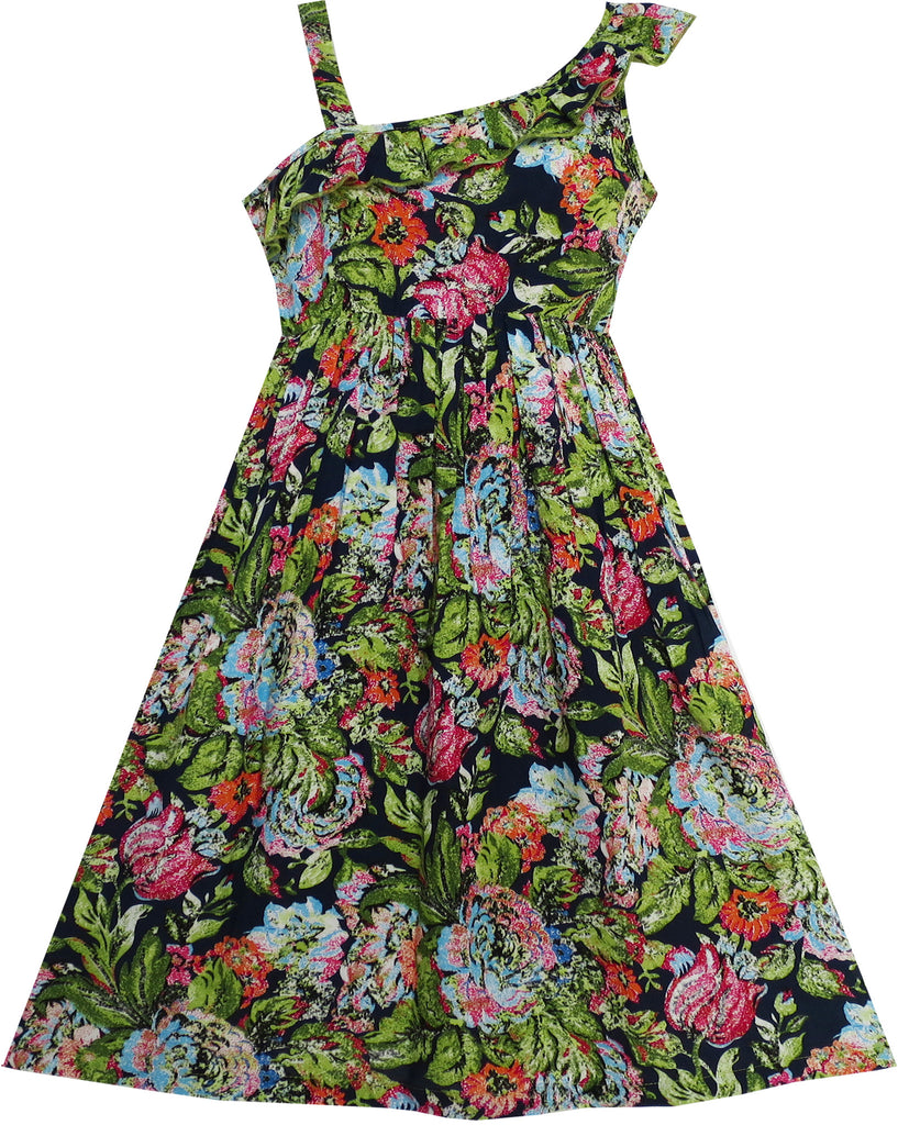 Girls Dress Sleeveless Floral Print Asymmetric Shoulder Design Size 7-14 Years