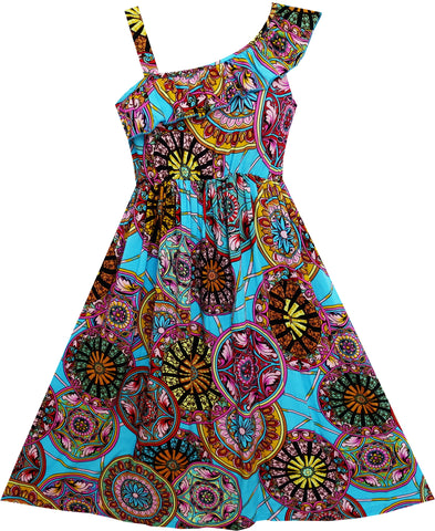 Girls Dress Sleeveless Floral Print Asymmetric Shoulder Blue Size 7-14 Years