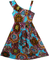 Girls Dress Sleeveless Floral Print Asymmetric Shoulder Blue Size 7-14 Years
