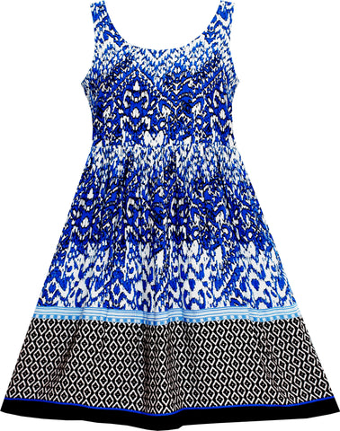 Girls Dress Sleeveless Halter Traditional Hand Painting Style Blue Size 4-10 Years