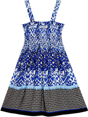 Girls Dress Sleeveless Halter Traditional Hand Painting Style Blue Size 4-10 Years