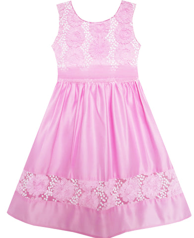 Girls Dress Flower Detailing Sequin Party Tulle Bow Tie Pink Size 2-6 Years