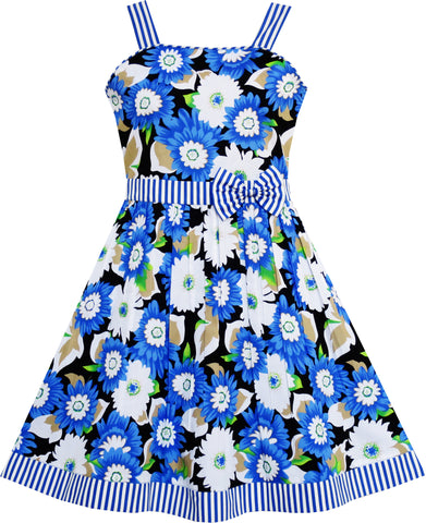Girls Dress Sleeveless Flower Pattern Bow Tie Striped Trim Size 4-12 Years
