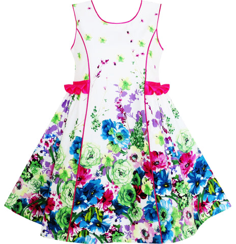 Girls Dress Elegant Blooming Rose Flower Garden Print O-Neck Size 4-10 Years