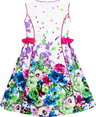 Girls Dress Elegant Blooming Rose Flower Garden Print O-Neck Size 4-10 Years