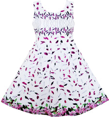 Girls Dress Purple Green Leaves Flying In Wind Pattern Size 7-14 Years