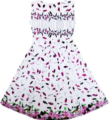 Girls Dress Purple Green Leaves Flying In Wind Pattern Size 7-14 Years