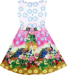 Girls Dress Chinese Peacock Peony Flower Circle Pattern Size 4-12 Years