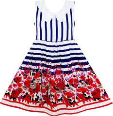 Girls Dress Turn-Down Collar Stripes Rose Flower Print Blue Size 7-14 Years