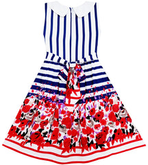 Girls Dress Turn-Down Collar Stripes Rose Flower Print Blue Size 7-14 Years