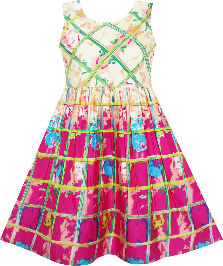 Girls Dress Sleeveless Plaid Checkered Abstract Painting Pattern Size 4-12 Years