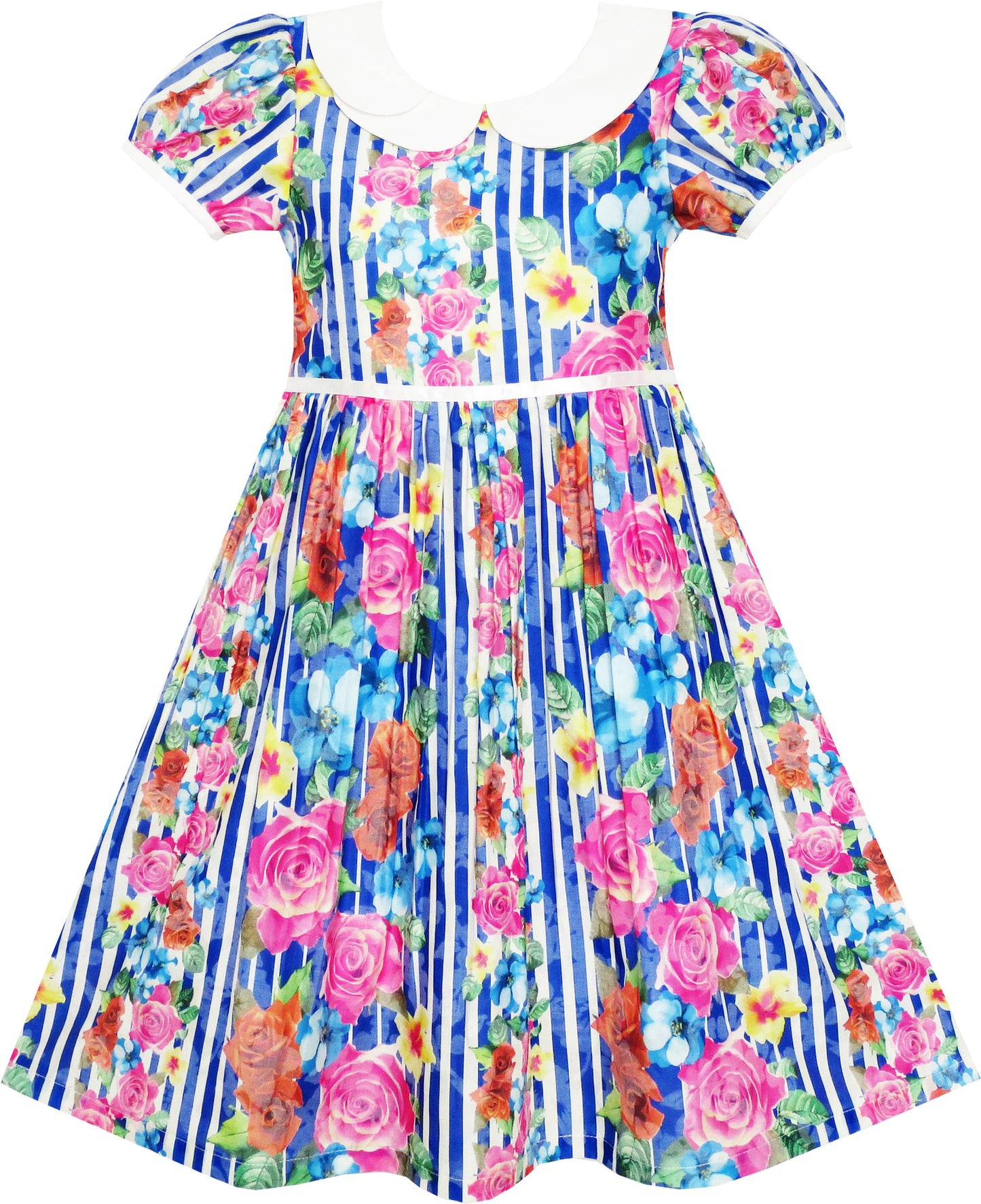 Girls Dress Turn-Down Collar Striped Blooming Rose Flower Size 2-12 Years