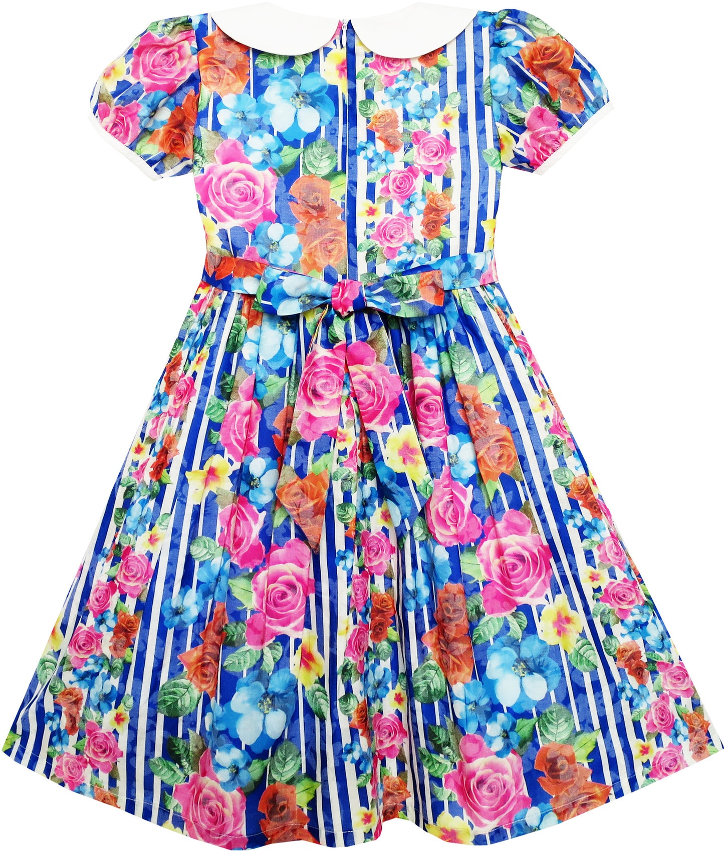 Girls Dress Turn-Down Collar Striped Blooming Rose Flower Size 2-12 Years