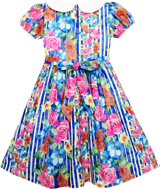 Girls Dress Turn-Down Collar Striped Blooming Rose Flower Size 2-12 Years