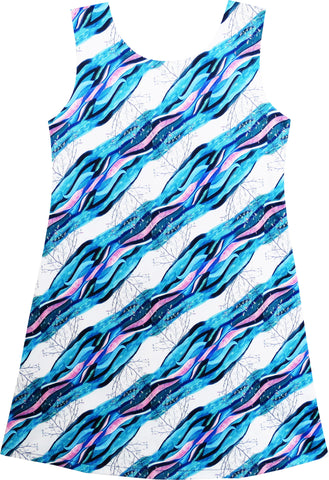 Girls Dress Tank Striped Flower Water Wave Print Blue Size 7-14 Years