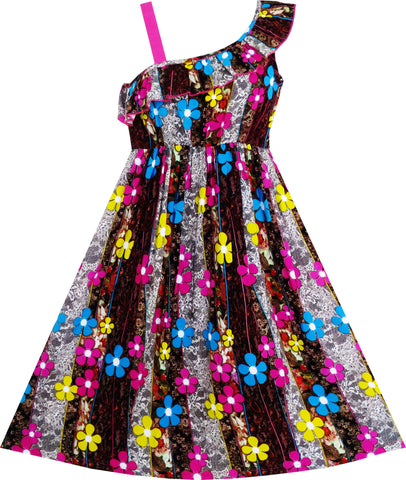 Girls Dress Sleeveless Floral Print Asymmetric Shoulder Design Size 7-14 Years