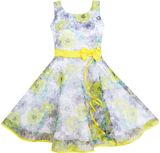 Girls Dress 3 Layers Hand Drawing Peony Flower Pageant Size 4-12 Years