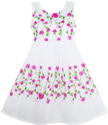 Girls Dress O-Neck Rose Flowers Heart-shaped Green Leaves Size 4-10 Years