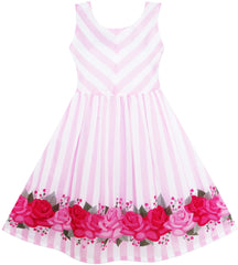Girls Dress Striped Rose Print Tulle Pink Size 7-14 Years